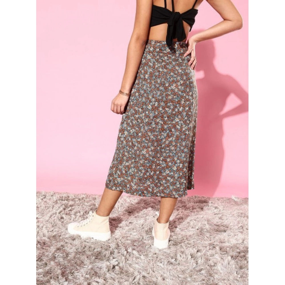 HD Women's Polyester Floral Side Zip Skirt (Grey - Coral)