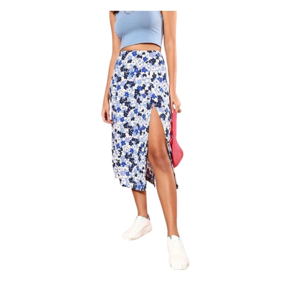 HD Women's Polyester Floral Side Zip Skirt (Blue - White)