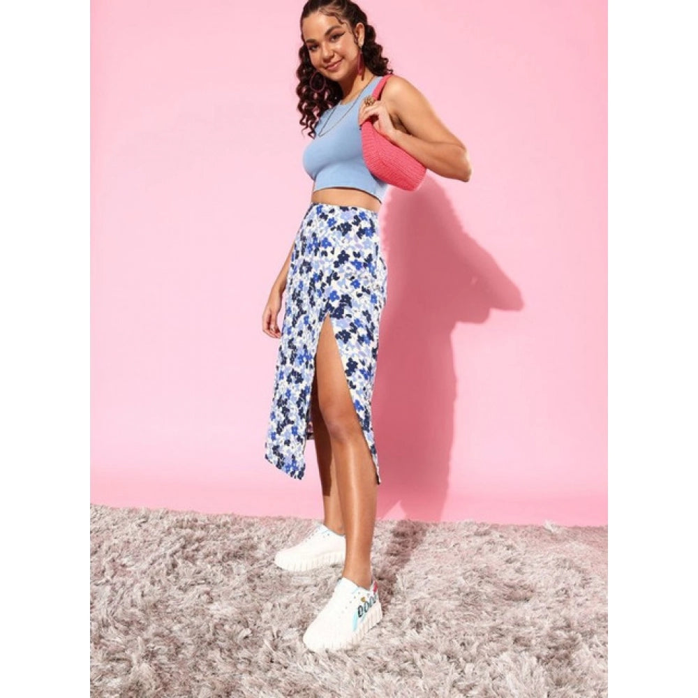 HD Women's Polyester Floral Side Zip Skirt (Blue - White)