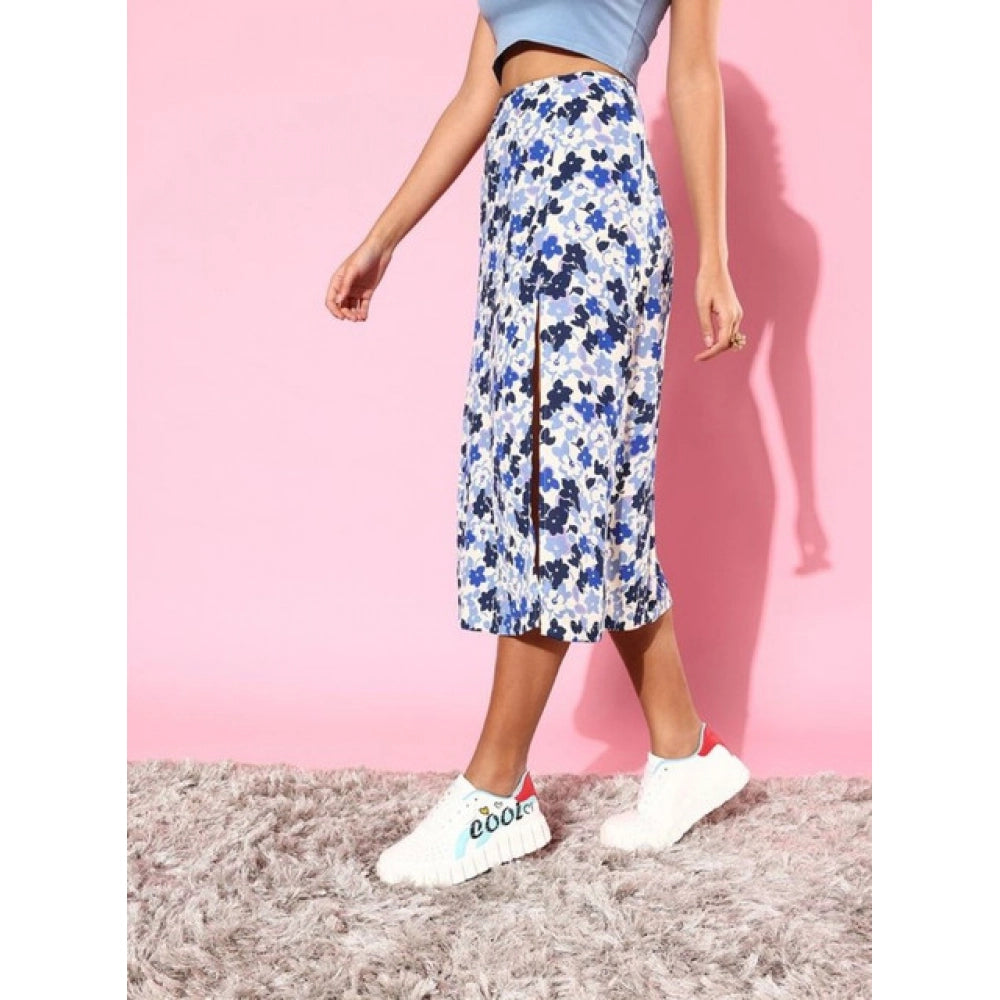 HD Women's Polyester Floral Side Zip Skirt (Blue - White)