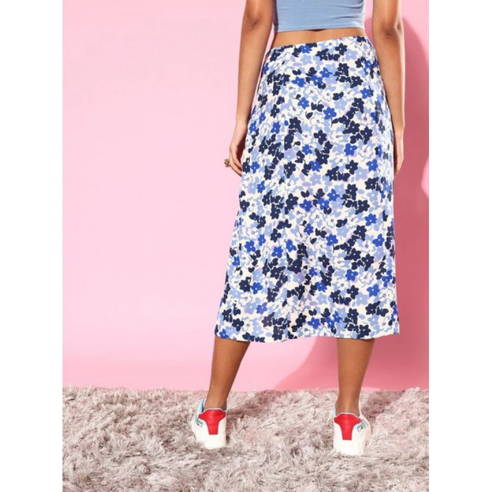 HD Women's Polyester Floral Side Zip Skirt (Blue - White)
