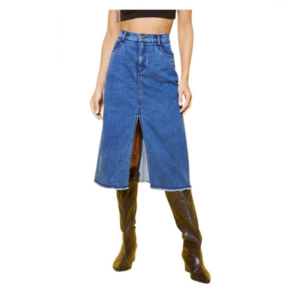 HD Women's Denim Solid Buttoned Skirt (Blue)