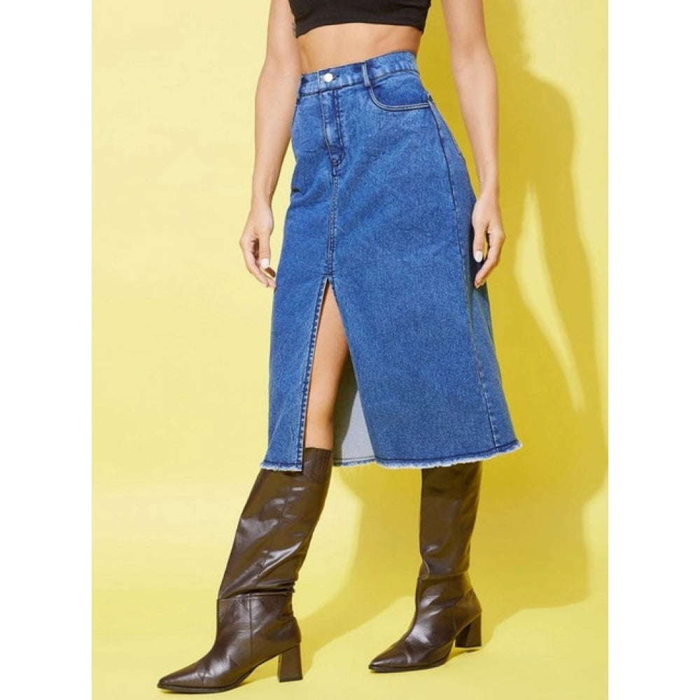 HD Women's Denim Solid Buttoned Skirt (Blue)