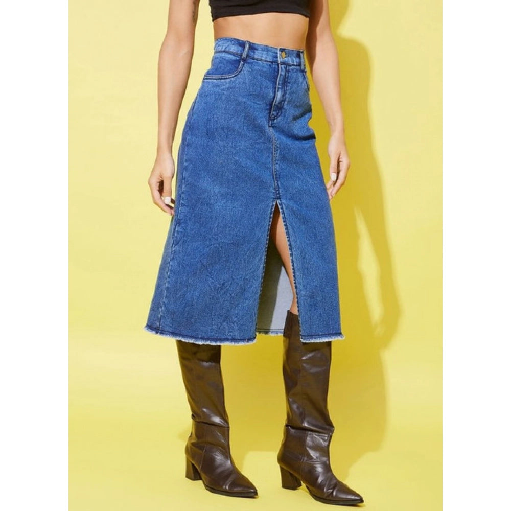 HD Women's Denim Solid Buttoned Skirt (Blue)