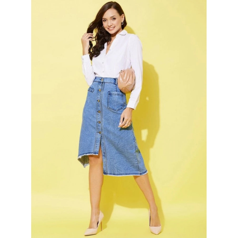 HD Women's Denim Hi Lo Buttoned Skirt (Blue)