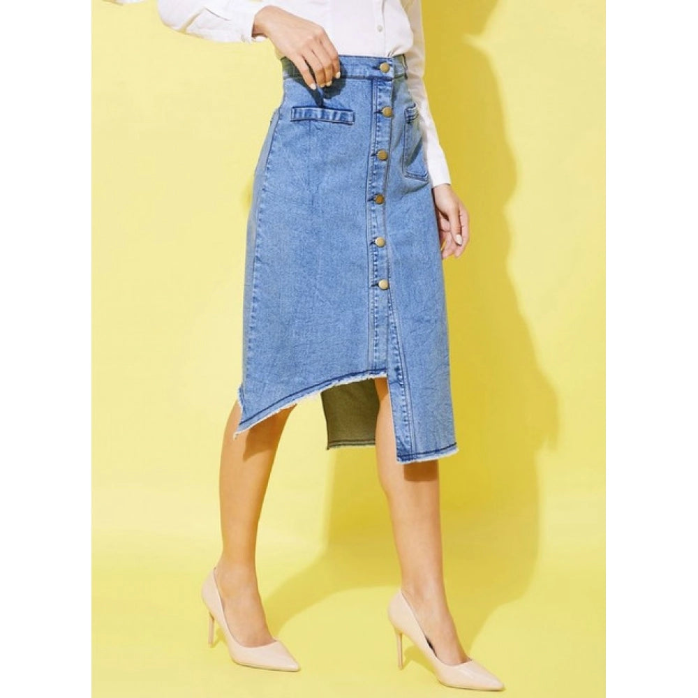 HD Women's Denim Hi Lo Buttoned Skirt (Blue)