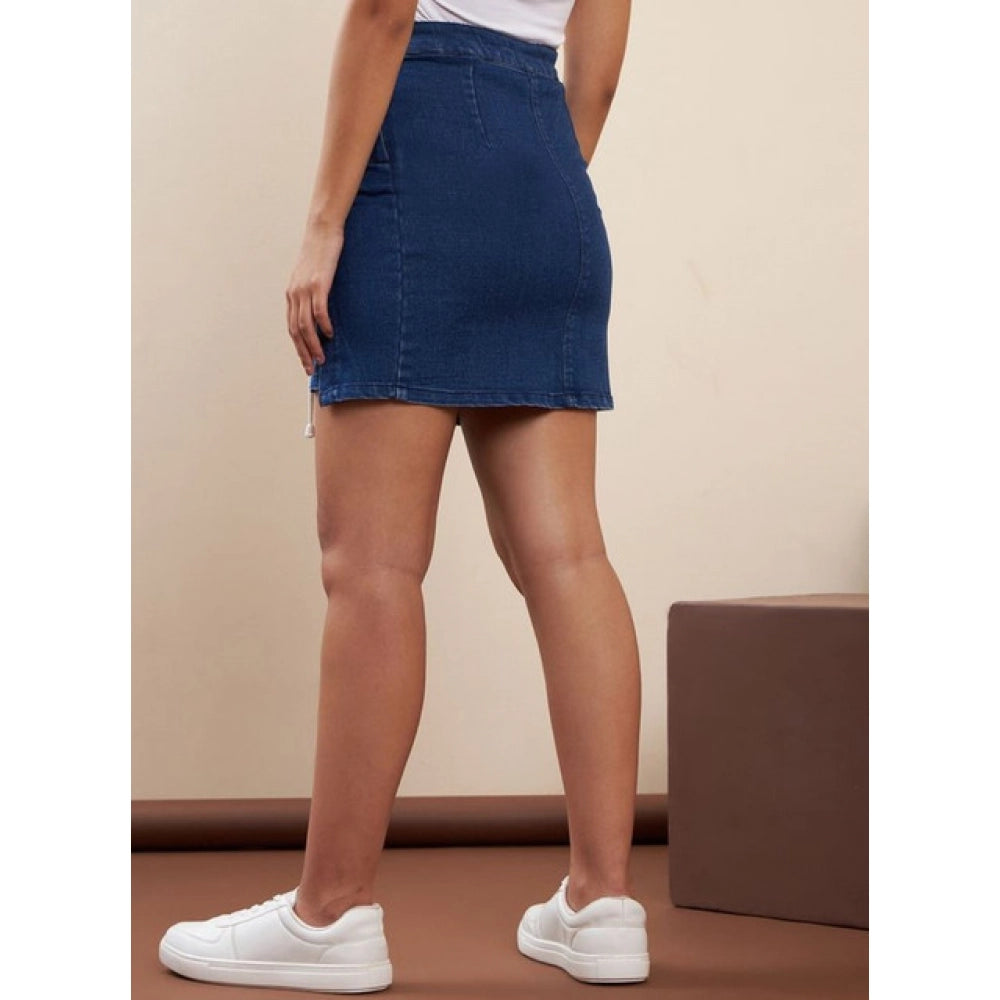HD Women's Denim Lycra Solid Button Skirt (Blue)