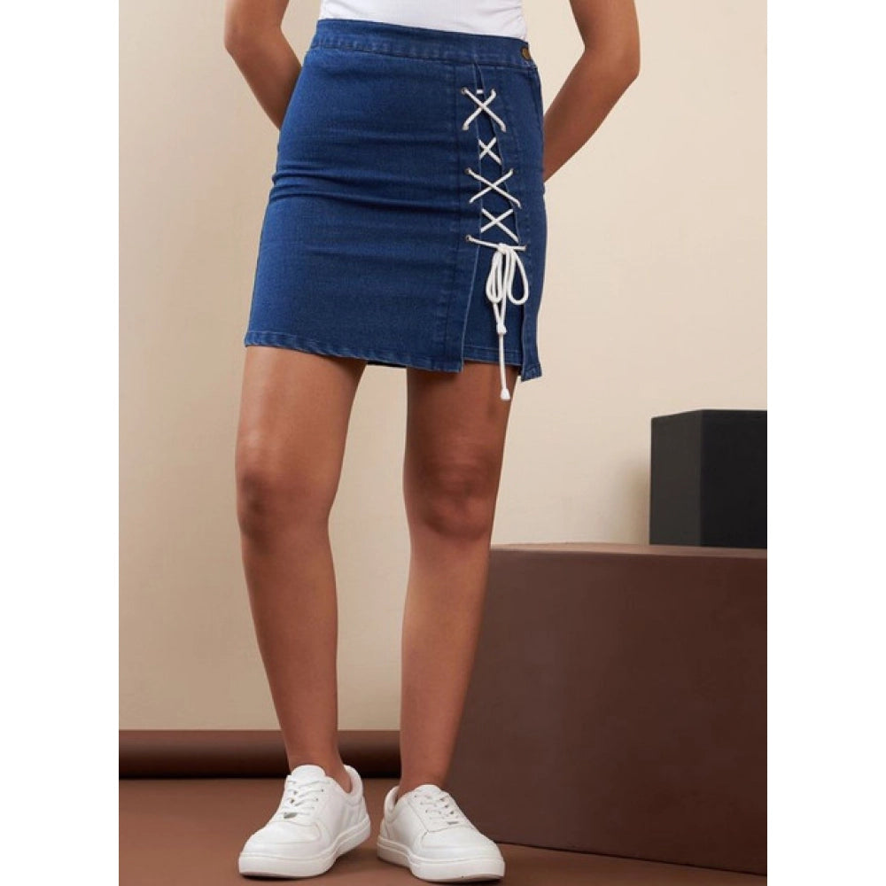 HD Women's Denim Lycra Solid Button Skirt (Blue)