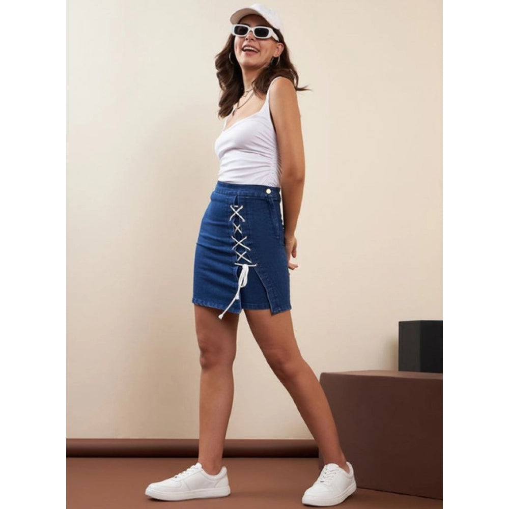 HD Women's Denim Lycra Solid Button Skirt (Blue)