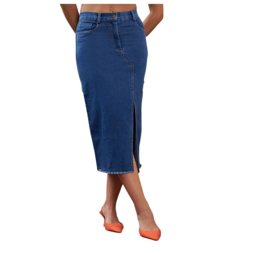 HD Women's Denim Lycra Solid Button Skirt (Blue)