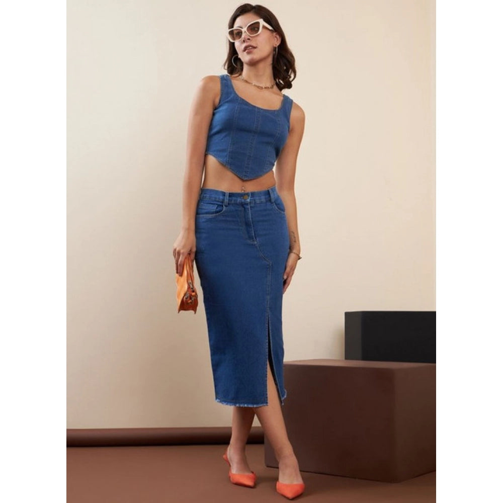 HD Women's Denim Lycra Solid Button Skirt (Blue)