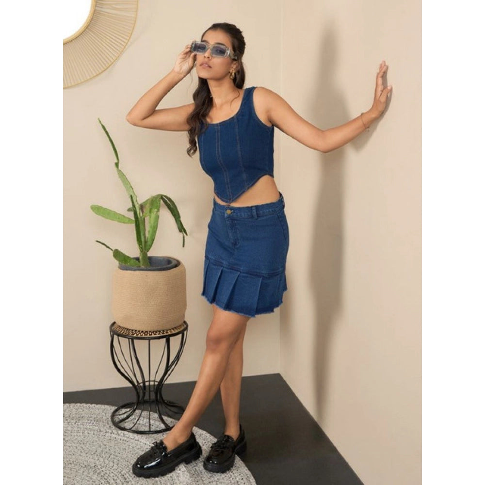 HD Women's Denim Washed Buttoned Skirt (Blue)