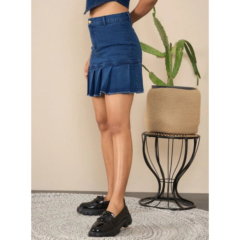 HD Women's Denim Washed Buttoned Skirt (Blue)