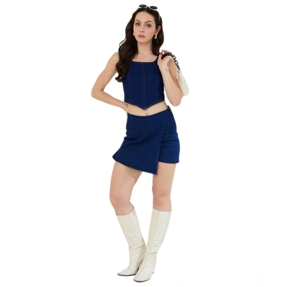 HD Women's Denim Lycra Solid Zip Closure Skorts (Navy)