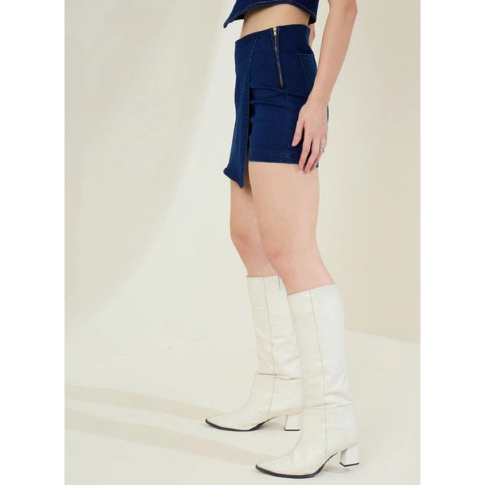 HD Women's Denim Lycra Solid Zip Closure Skorts (Navy)