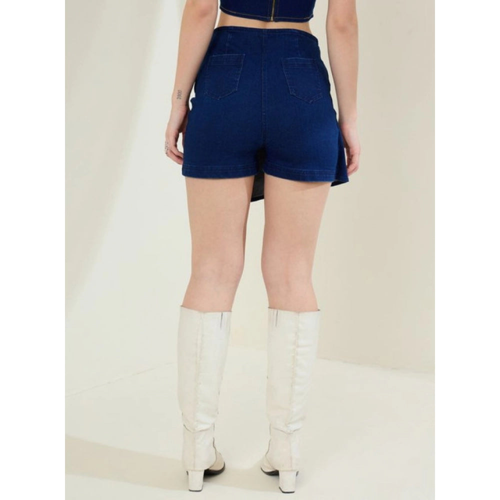 HD Women's Denim Lycra Solid Zip Closure Skorts (Navy)