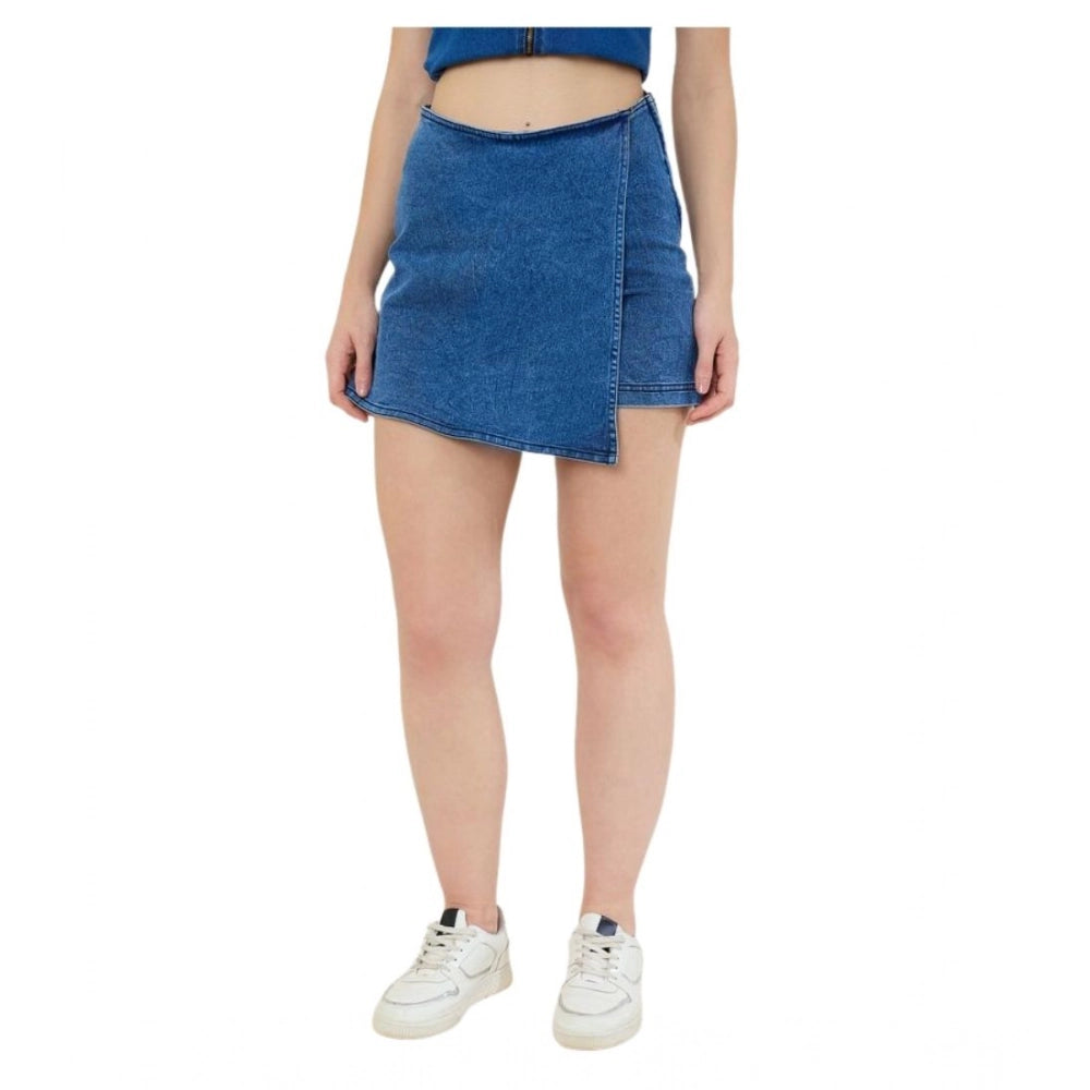 HD Women's Denim Lycra Solid Zip Closure Skorts (Blue)