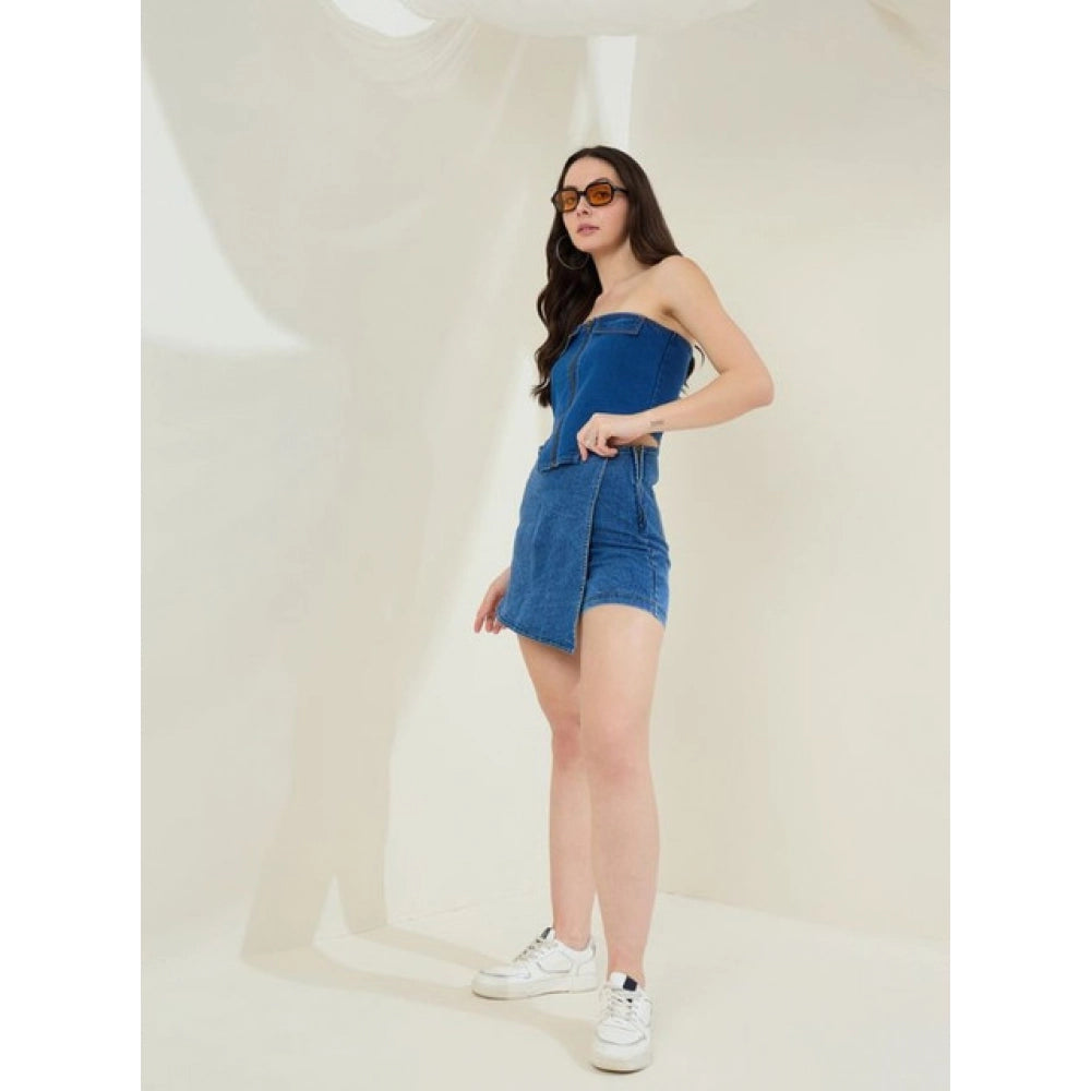 HD Women's Denim Lycra Solid Zip Closure Skorts (Blue)