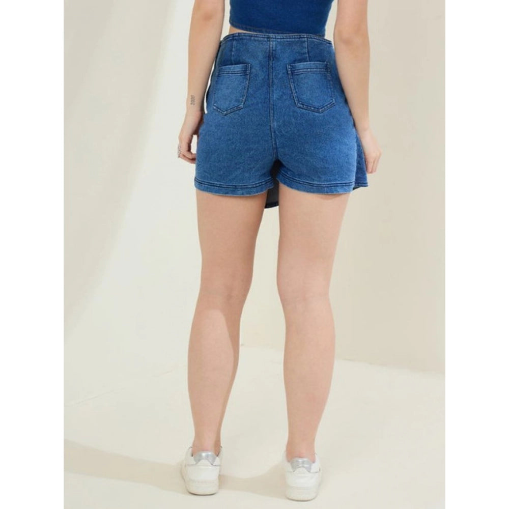 HD Women's Denim Lycra Solid Zip Closure Skorts (Blue)