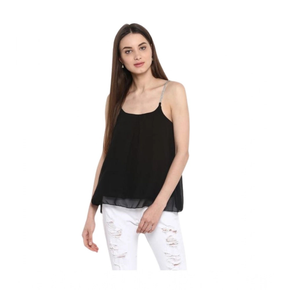 HD Women's Polyester Embellished Shoulder Straps Top (Black)