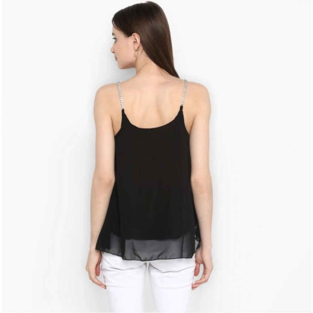 HD Women's Polyester Embellished Shoulder Straps Top (Black)