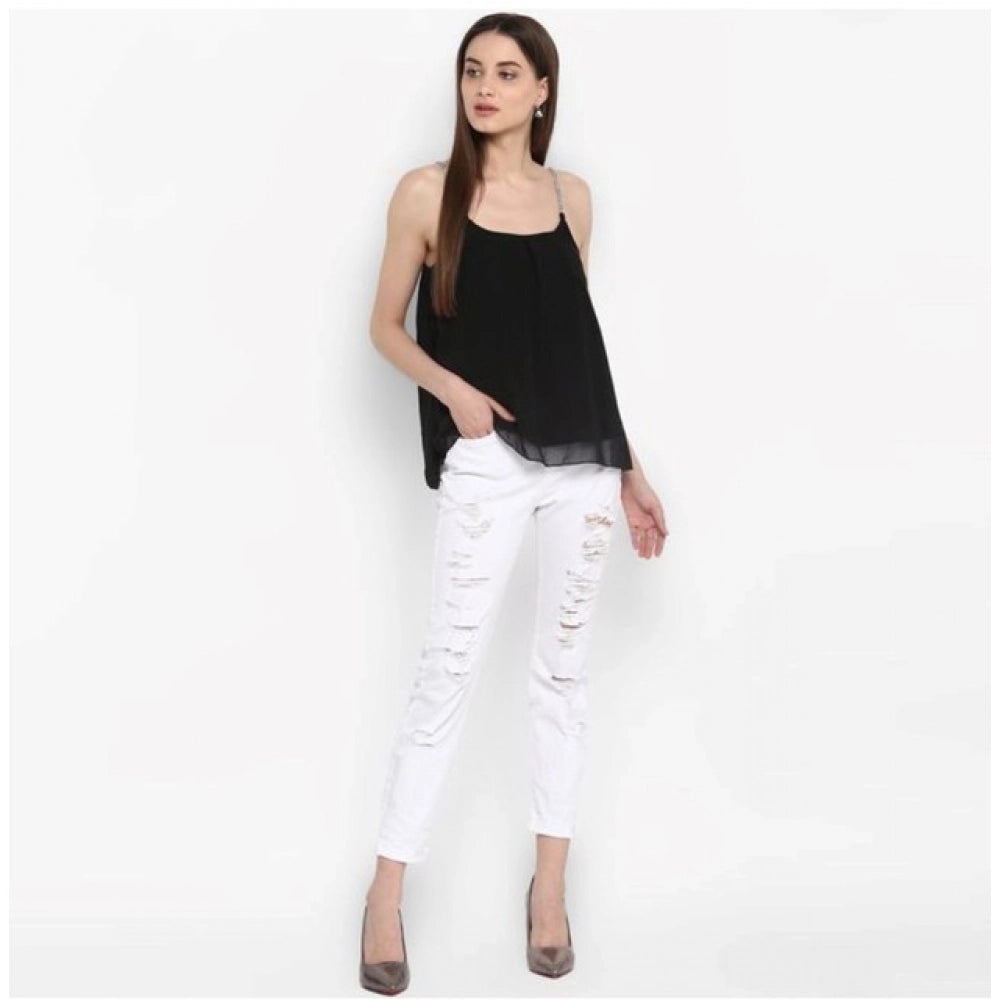 HD Women's Polyester Embellished Shoulder Straps Top (Black)