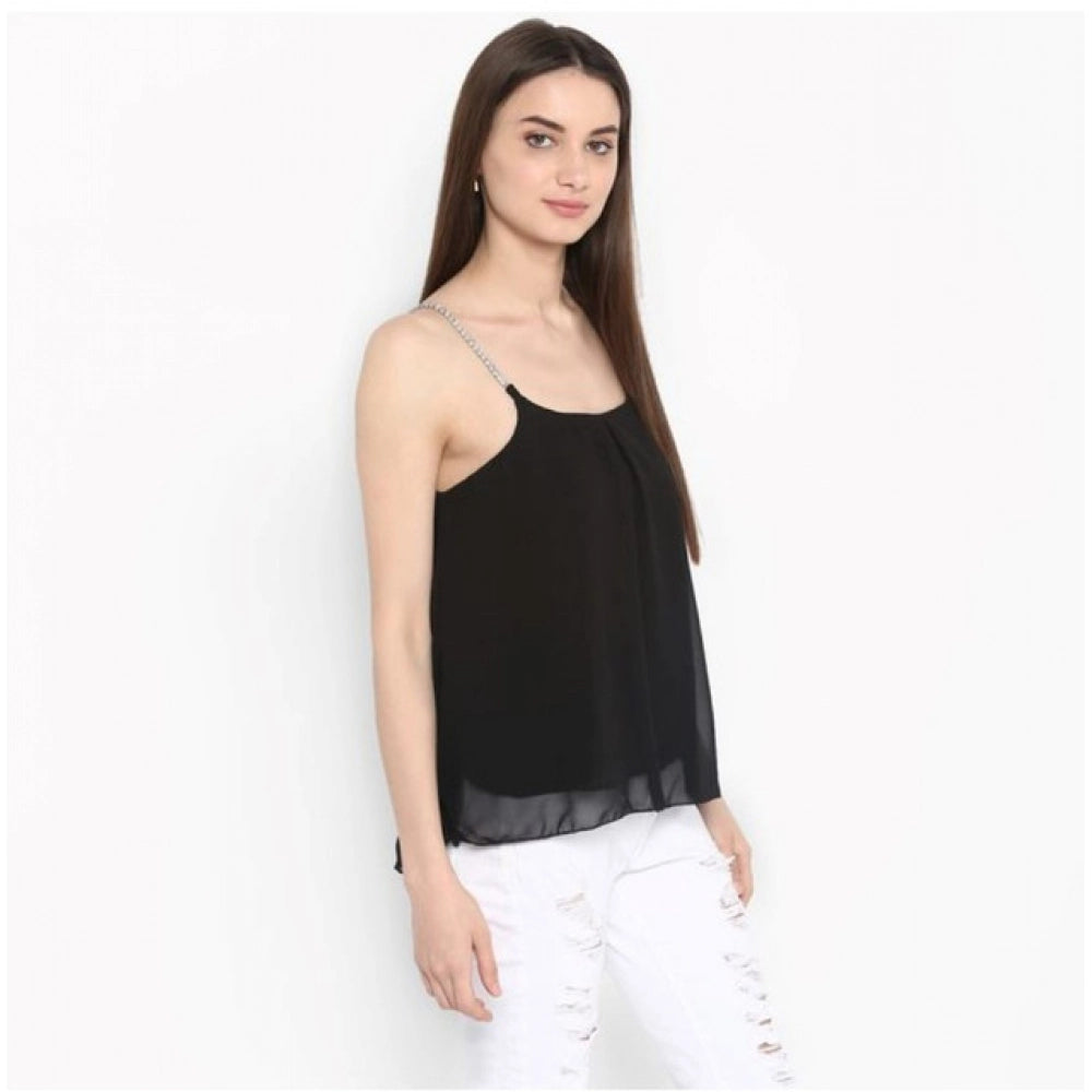 HD Women's Polyester Embellished Shoulder Straps Top (Black)