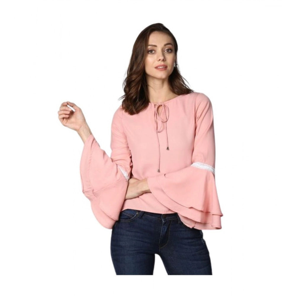 HD Women's Polyester Solid Bell Sleeve Top (Pink)