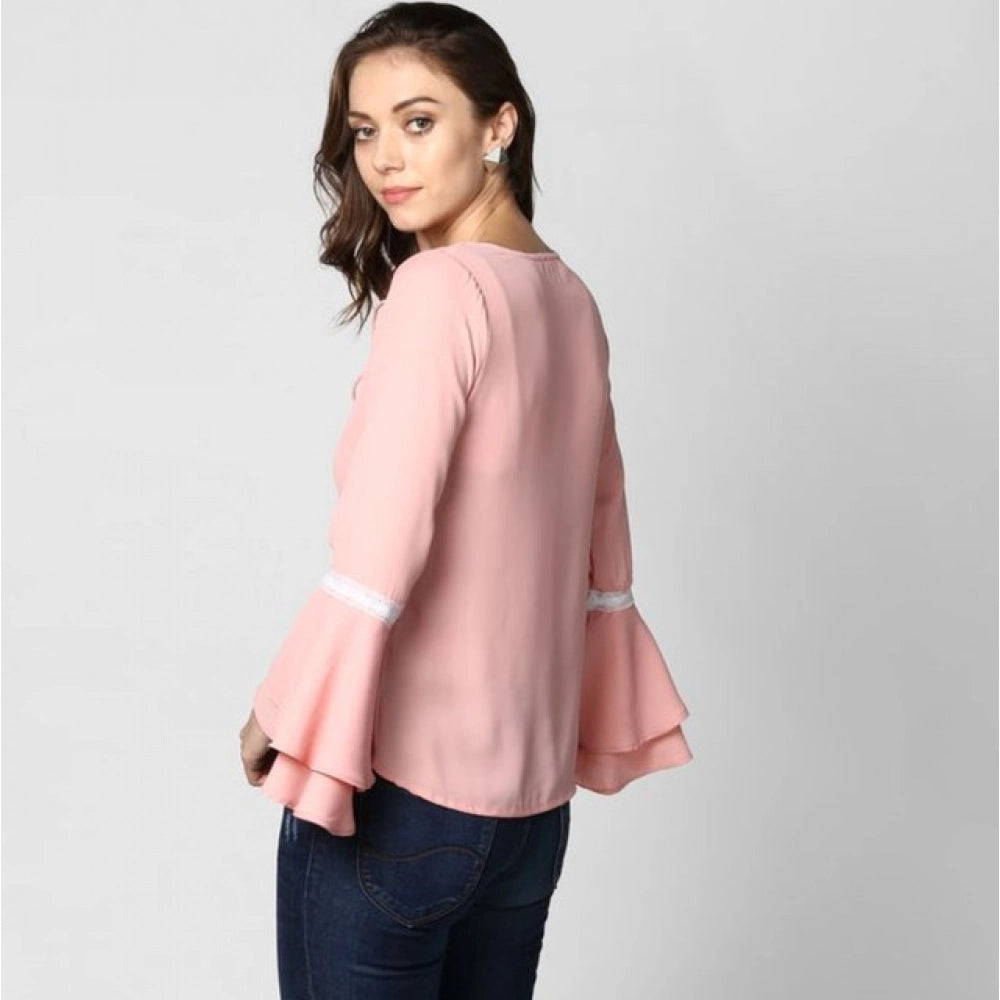 HD Women's Polyester Solid Bell Sleeve Top (Pink)