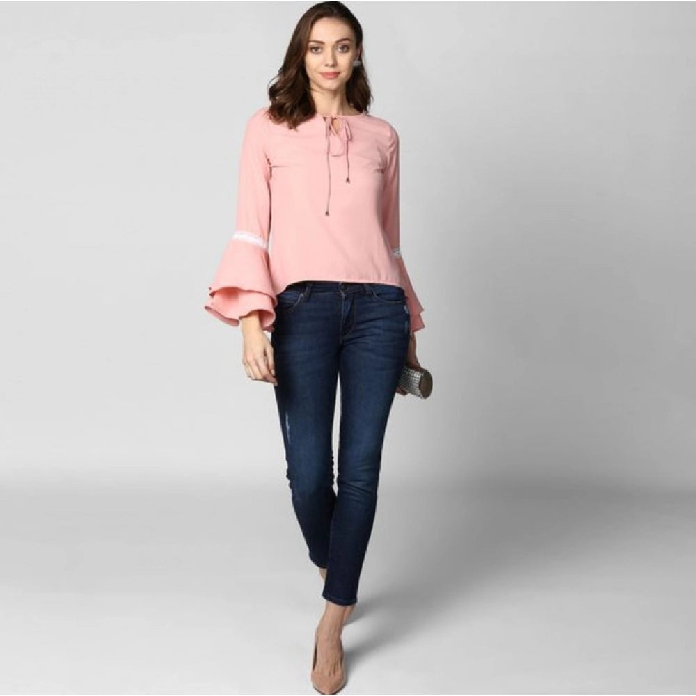 HD Women's Polyester Solid Bell Sleeve Top (Pink)