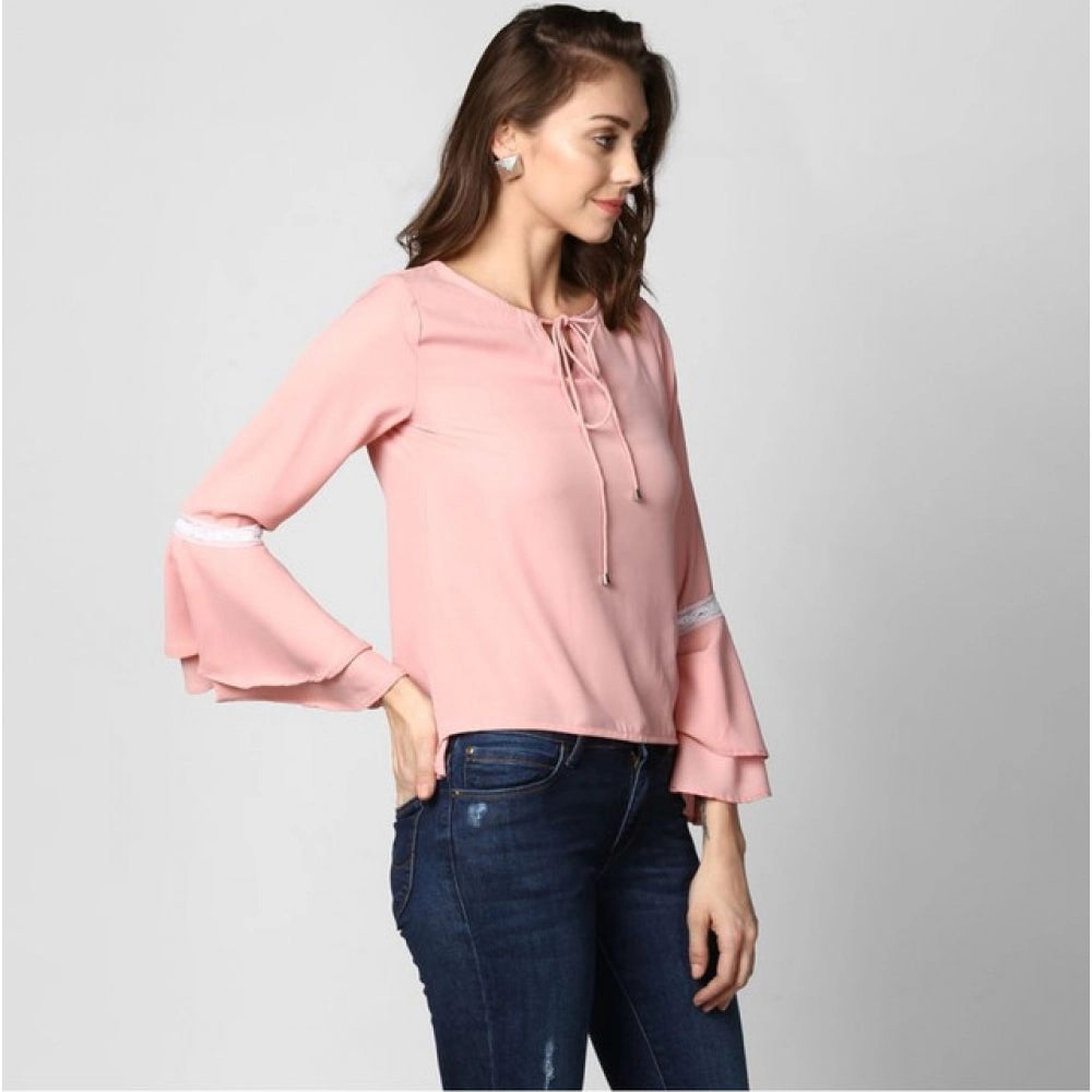 HD Women's Polyester Solid Bell Sleeve Top (Pink)