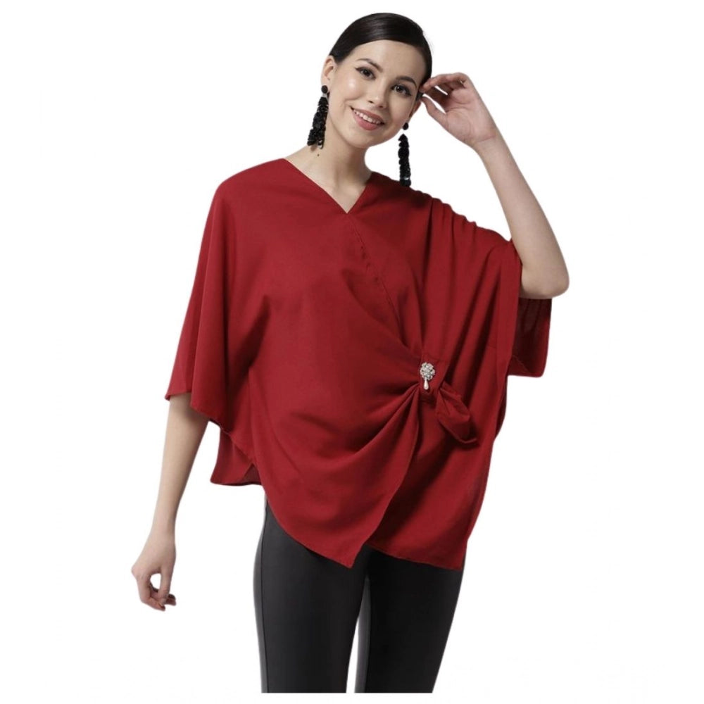 HD Women's Polyester Solid Cape Sleeve Top (Red)