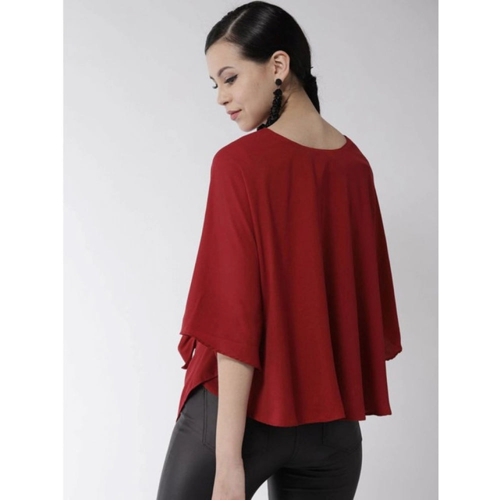 HD Women's Polyester Solid Cape Sleeve Top (Red)