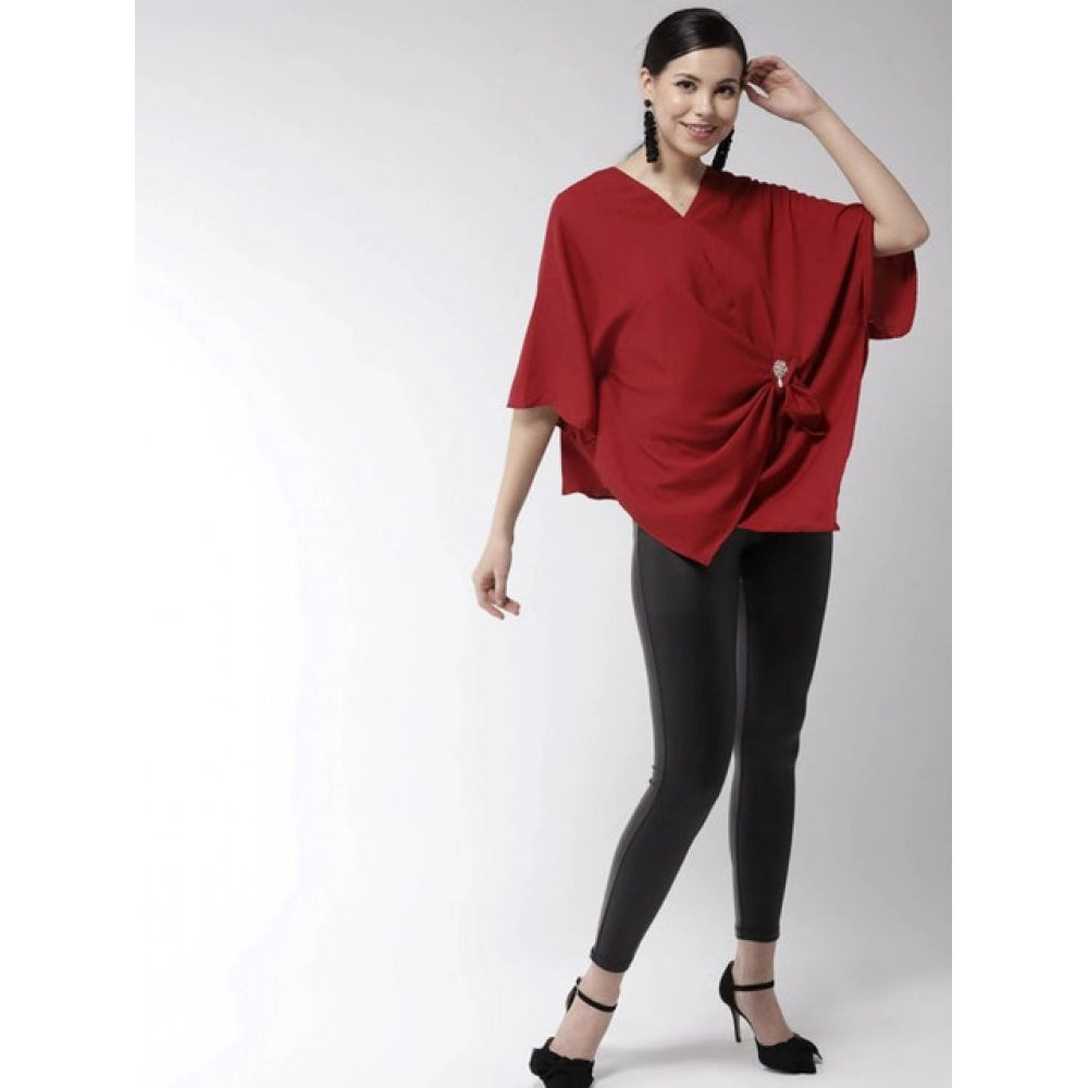 HD Women's Polyester Solid Cape Sleeve Top (Red)