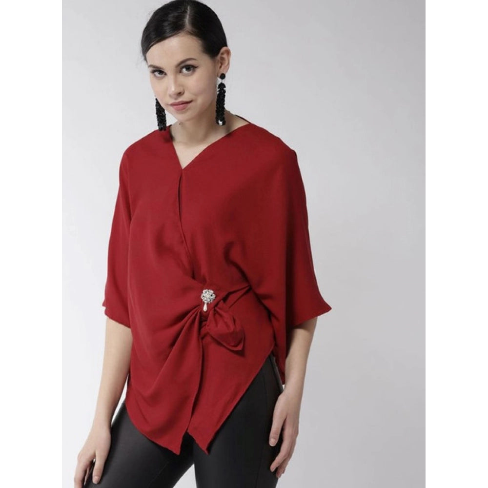 HD Women's Polyester Solid Cape Sleeve Top (Red)