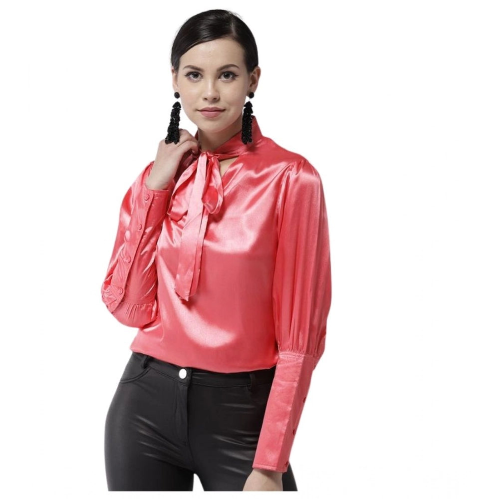 HD Women's Polyester Solid Long Sleeves Top (Coral)