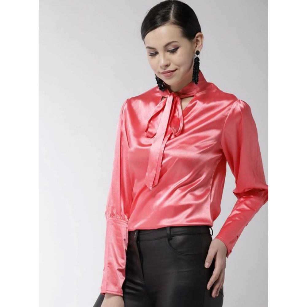HD Women's Polyester Solid Long Sleeves Top (Coral)