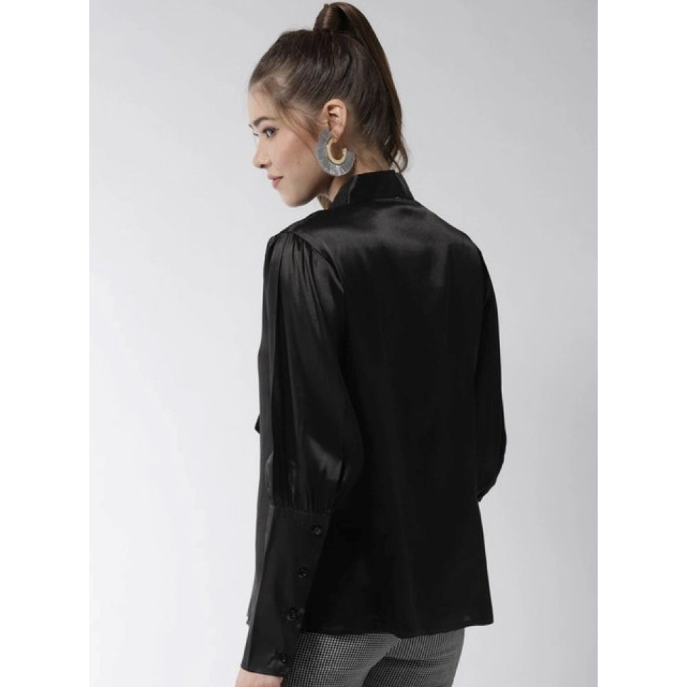 HD Women's Polyester Solid Long Sleeves Top (Black)