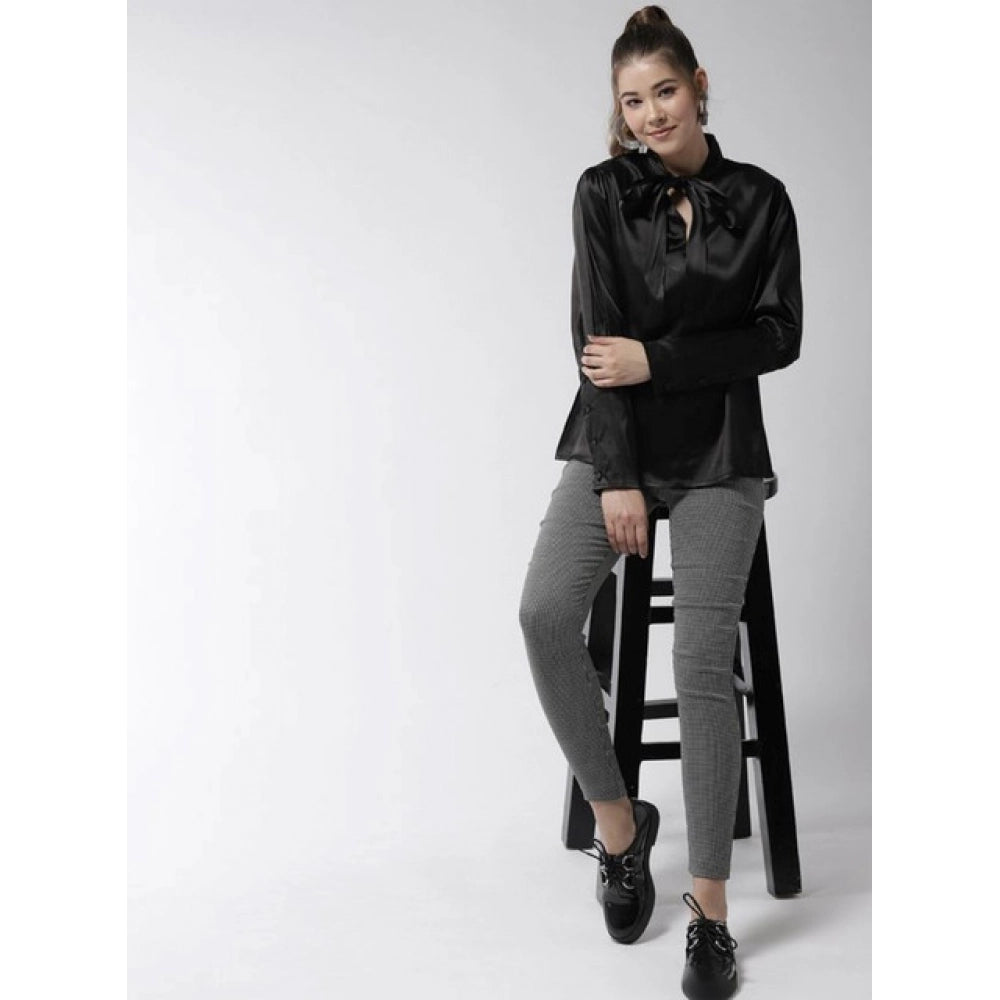 HD Women's Polyester Solid Long Sleeves Top (Black)