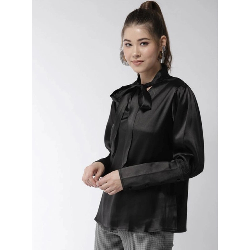 HD Women's Polyester Solid Long Sleeves Top (Black)