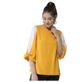 HD Women's Polyester Colour Block Slit Sleeve Top (Yellow-White)