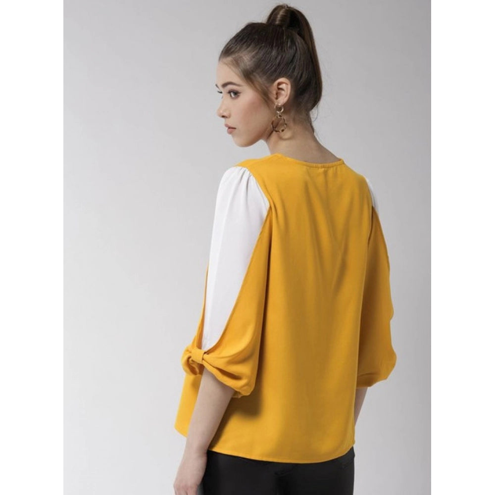 HD Women's Polyester Colour Block Slit Sleeve Top (Yellow-White)