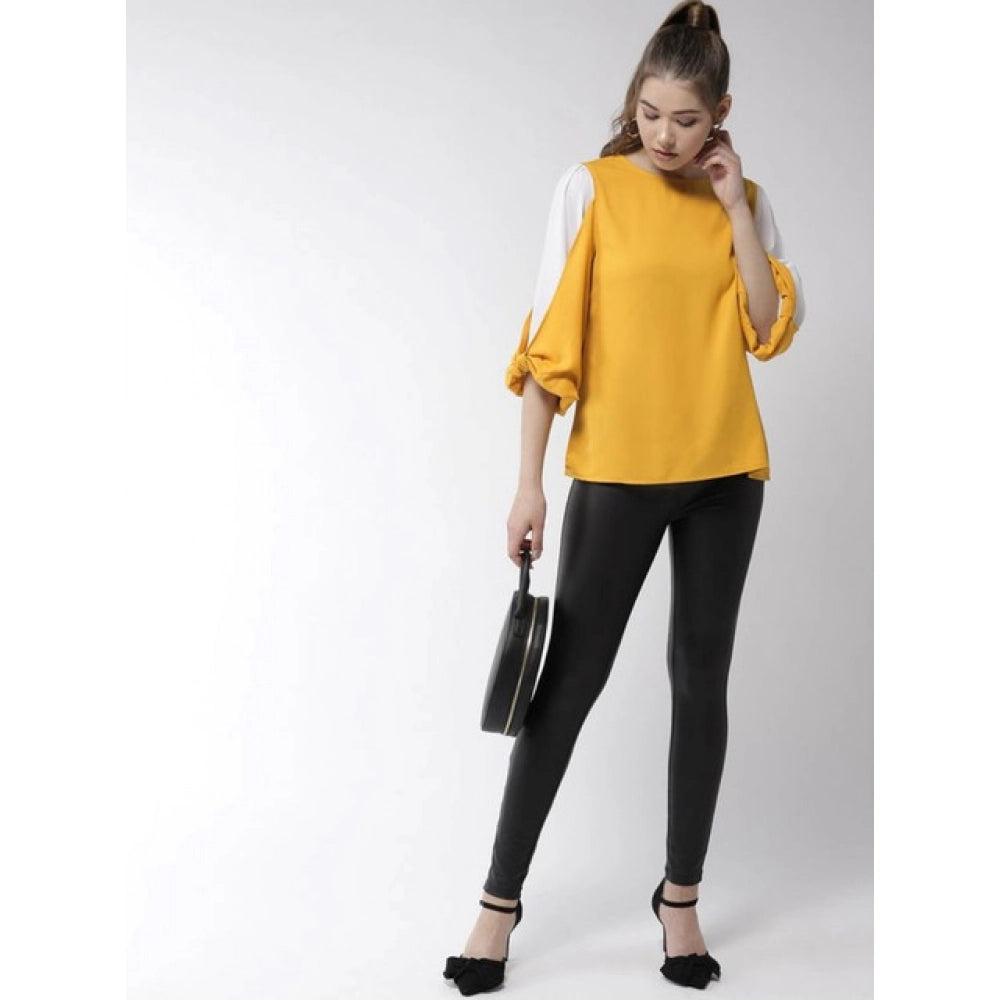 HD Women's Polyester Colour Block Slit Sleeve Top (Yellow-White)