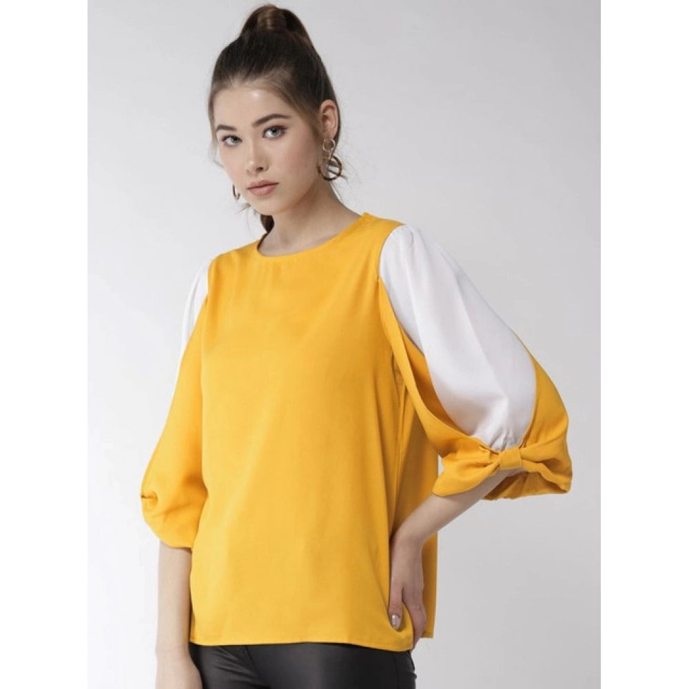 HD Women's Polyester Colour Block Slit Sleeve Top (Yellow-White)