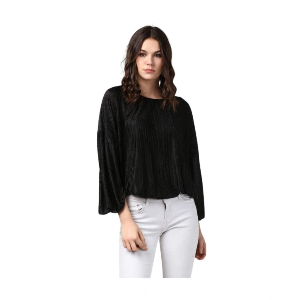 HD Women's Polyester Pleated Balloon Sleeve Top (Black)