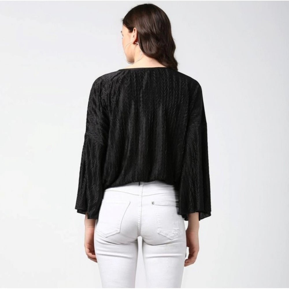 HD Women's Polyester Pleated Balloon Sleeve Top (Black)