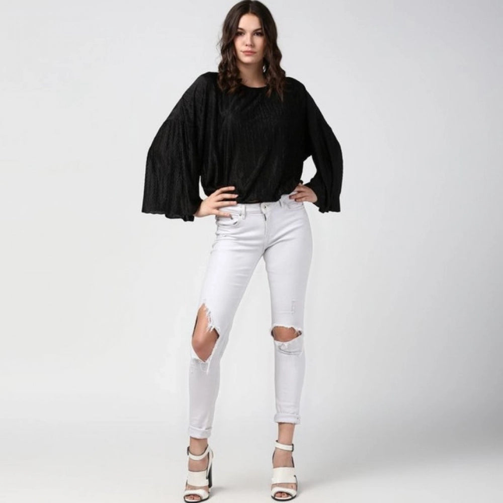 HD Women's Polyester Pleated Balloon Sleeve Top (Black)