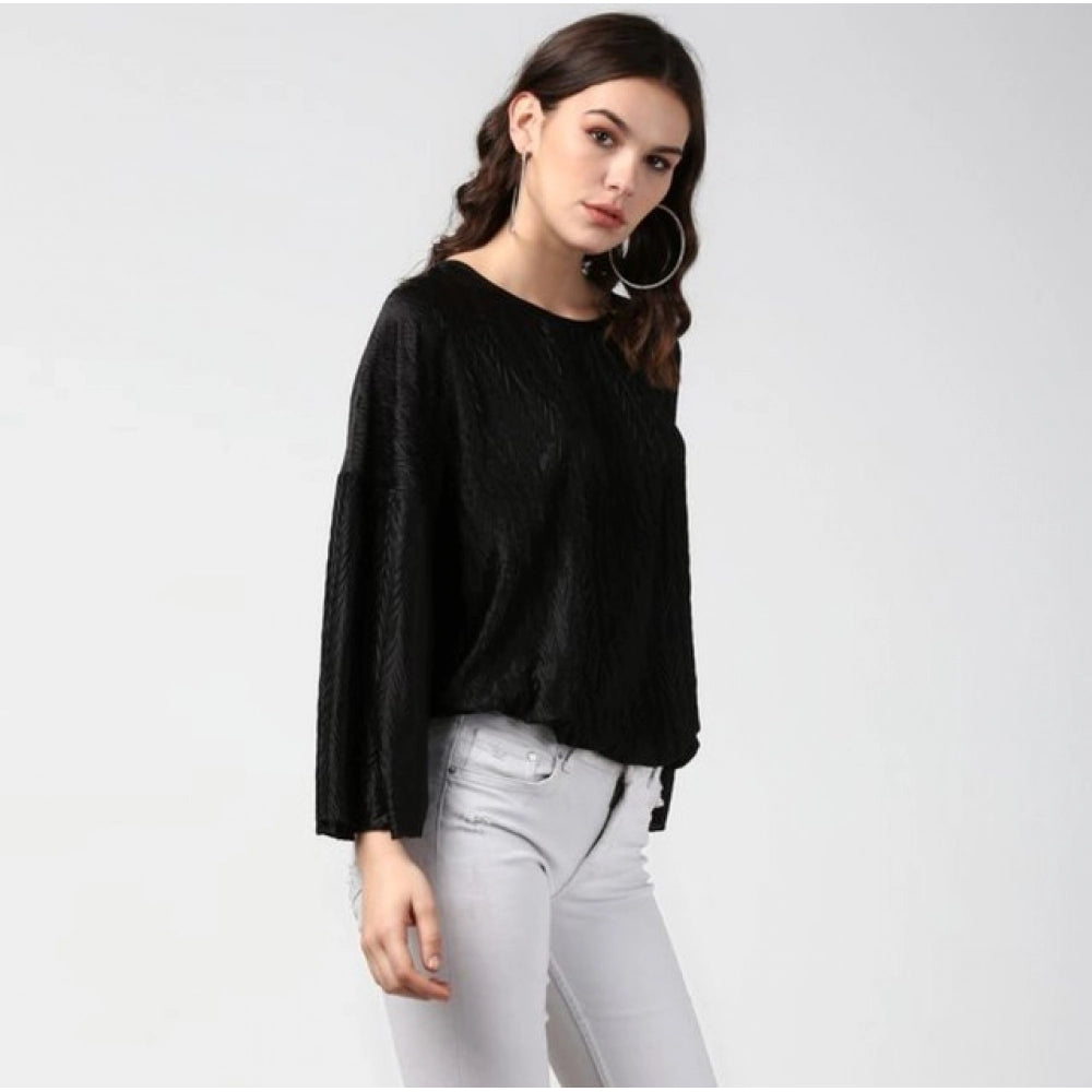 HD Women's Polyester Pleated Balloon Sleeve Top (Black)
