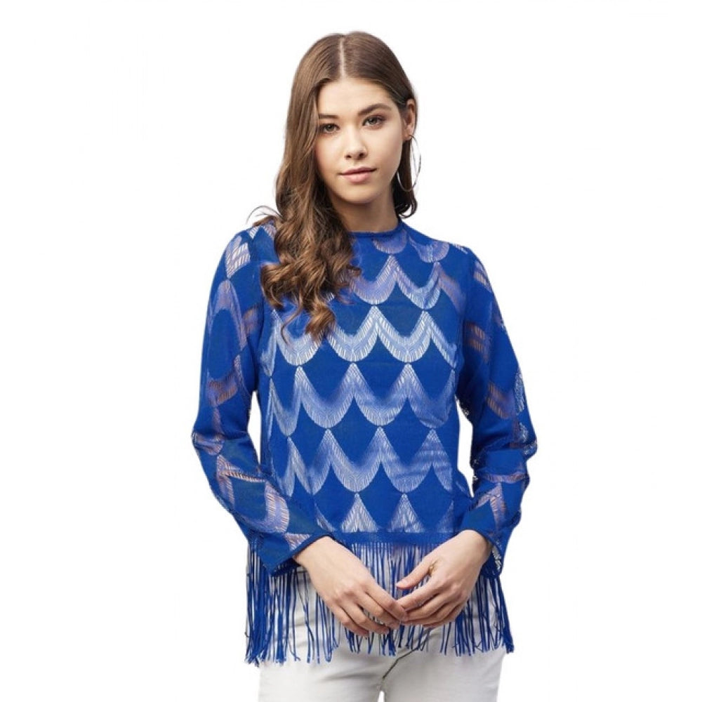 HD Women's Lace Self Design Long Sleeves Top (Blue)