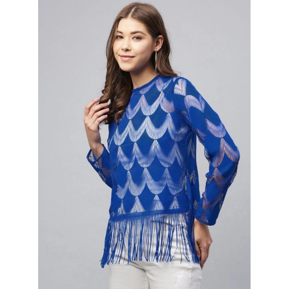 HD Women's Lace Self Design Long Sleeves Top (Blue)